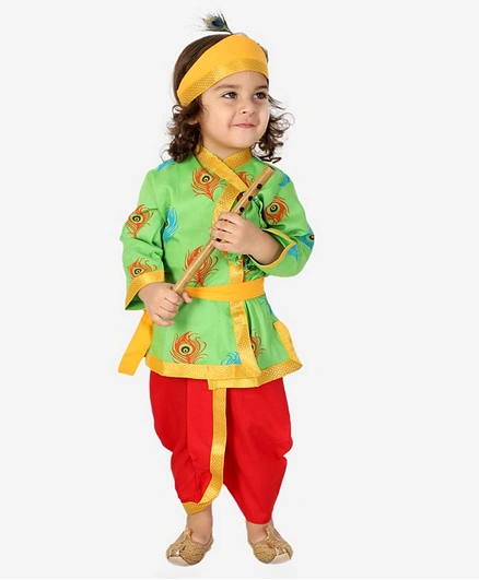 KID1 Full Sleeves Mor Pankh Printed Kanha Angarakha Kurta With Coordinating Lace Embellished Dhoti - Green