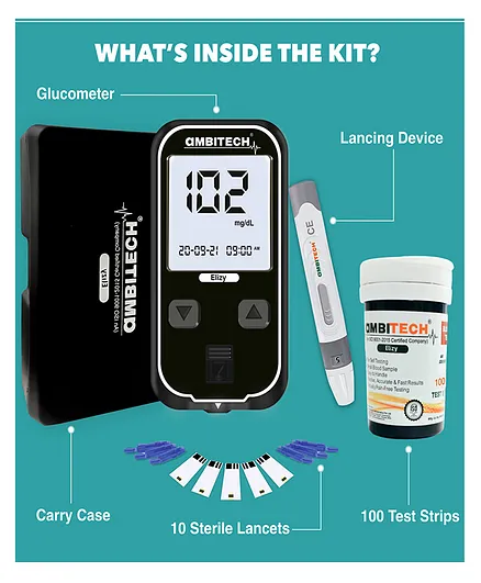 AmbiTech Elizy Blood Glucose Meter Kit With 100 Strips & 100 Lancets Made In India Life Time Warranty Glucometer- Black