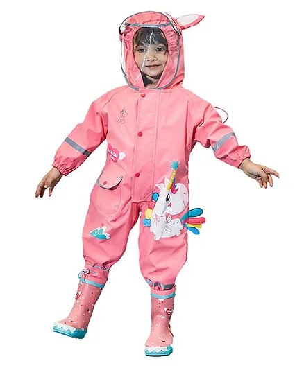 Little Surprise Box Full Sleeves Unicorn Theme Jumpsuit Style Unicorn Face Cap Detail Rain Coat - Pink