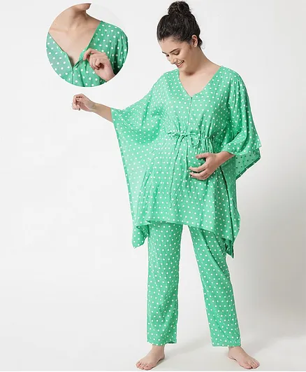 Aujjessa Three Fourth Bat Wing Sleeves Polka Dot Printed Kaftan Style Top With Pyjama - Green