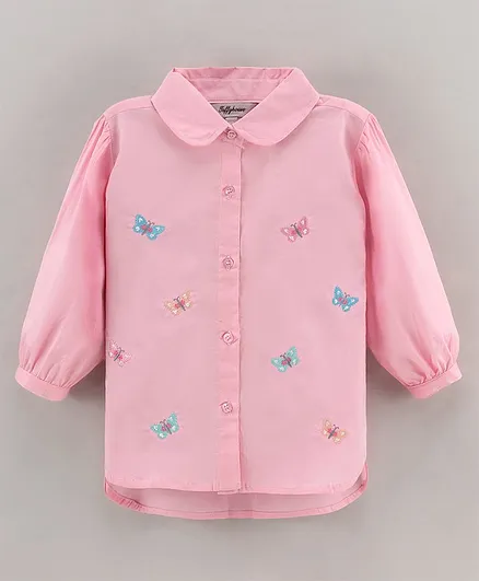 ToffyHouse Full Sleeves Loose Fit Shirt Style Top Butterfly Embroidered - Pink