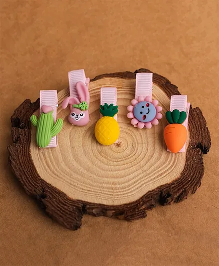 Jewelz Set Of 5  Bunny Cactus Fruits And Flower Detail Hair Clips - Orange Blue Yellow Pink Green