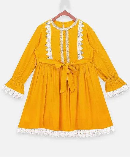 Lilpicks Couture Full Sleeves Lace Embellished Fit & Flare Dress - Yellow