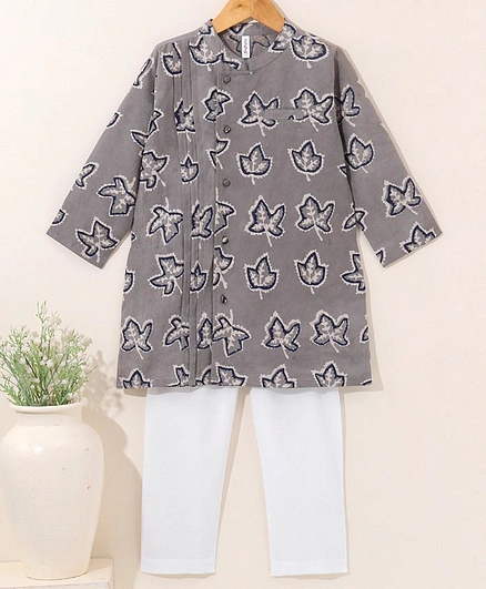 Babyhug Full Sleeves Cotton Kurta & Pyjama Set Printed- Grey