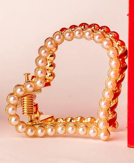 Jewelz Heart Shape Pearl & Metallic Hair Clutcher - Gold