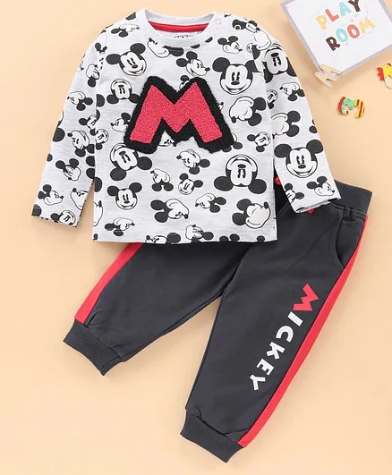 Babyhug Full Sleeves Cotton Tee & Lounge Pants Set Mickey Mouse Print- White Grey