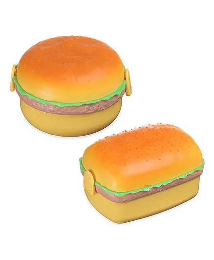 Elecart 2 layer Burger & Sandwich Shape Combo Lunch Box Cute Tiffin Box with Spoon and Fork adorable Capacity Pack of 2 - 1000ml & 1260ml