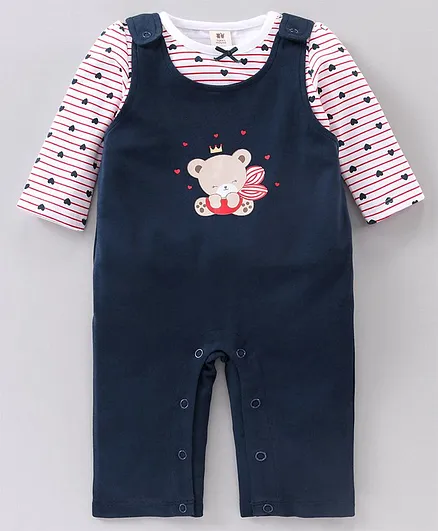 ToffyHouse Full Sleeves Rompers With Inner Tee Stripes & Hearts Print- Navy Blue