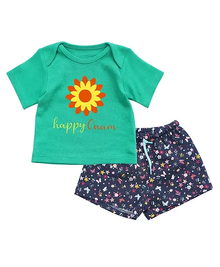 Kadam Baby Happy Onam Text & Flower Printed Tee With Butterfly Printed Shorts - Green