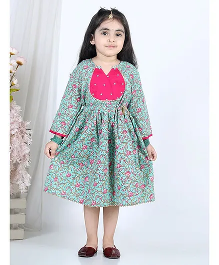 Kinder Kids Full Sleeves Jaipuri Floral Motif Printed Dress - Green