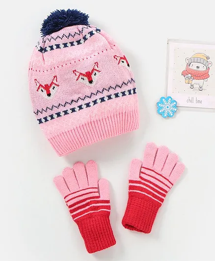 Model Woolen Cap Gloves & Socks Set Stripes Design Pink - Diameter 13 cm (Pom Pom Color May Vary)