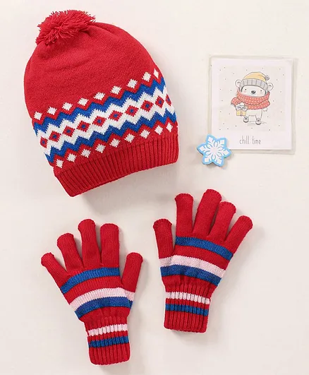 Model Woolen Cap & Gloves Set Ethnic Design & Stripes Red Pink - Diameter 12 cm