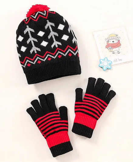 Model Woollen Blend Cap & Gloves Set Stripes Design Black Red - Diameter 14 cm