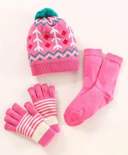 Model Woollen Blend Cap Gloves & Socks Set Stripes Design Diameter 13 cm (Socks Colour May Vary)