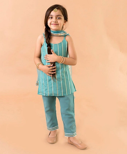 Fairies Forever Sleeveless Striped Lace Embellished Kurti With Pant And Dupatta - Blue