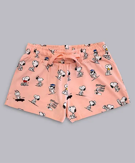 Kidsville All Over Peanuts Snoopy Dog With Text Printd Shorts - Peach