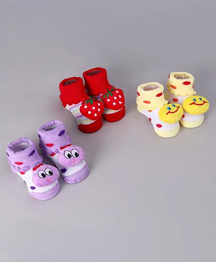 Cute Walk by Babyhug Cotton Sock Shoes Applique - Yellow Red Purple