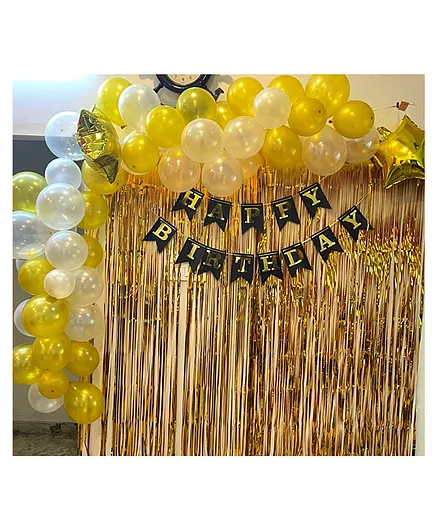 Bubble Trouble Happy Birthday Decoration Kit Combo with 1 Pc Black Birthday Banner 2 Pcs Gold Fringe Foil Curtain 60 Pcs White Gold Balloons for Kids Birthday Decoration Item - Pack of 66