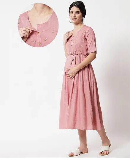 Aujjessa Half Sleeves Embroidered Yoke A Line Maternity Midi Dress With Front Tie Up - Pink