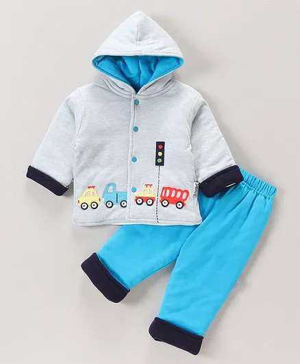 Child World Full Sleeves Hooded Winter Wear Suit Car Embroidery - Blue Grey