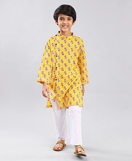 Teentaare Full Sleeves Kurta & Pyjama Set Floral Print  - Light Yellow White