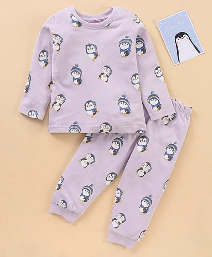 Babyhug 100% Cotton Knit Full Sleeves Penguin Printed Night Suit - Purple