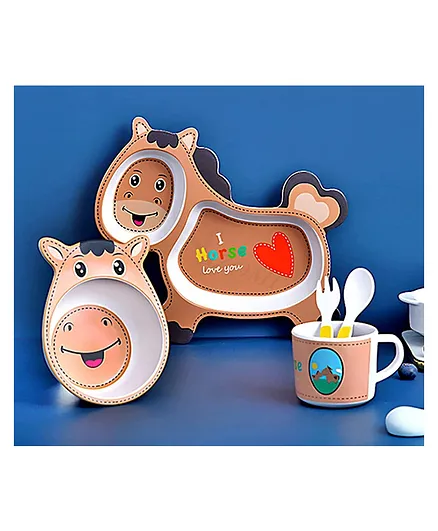 Vellique Cartoon Animal Horse Shaped Bamboo Dinnerware Mealtime Plate and Bowl Set for Kids Toddler Plate Bowl Cup Spoon Fork Eco Friendly Non Toxic Feeding Baby Utensil Set of 5 Pcs - Multicolor