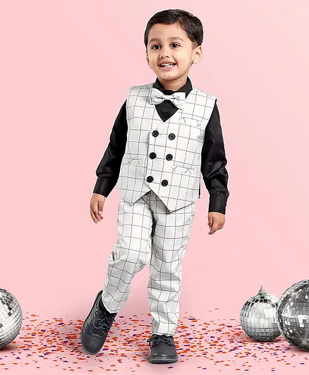 Babyhug Full Sleeves Checks Party Suit With Bow - Grey