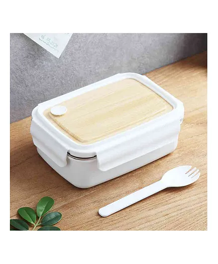 SANISHTH Lunch Box for Kids  Single Compartment Insulated Lunch Box Stainless Steel Handy Lunch Box with Wooden Style lid Tiffin Box - White