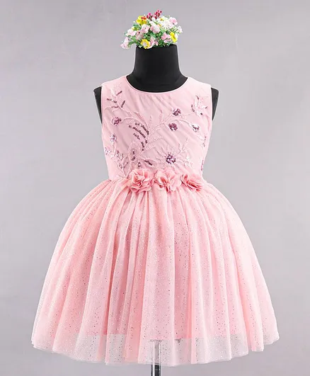 Babyhug Sleeveless Party Wear Frock With Sequinned & Floral Applique- Pink
