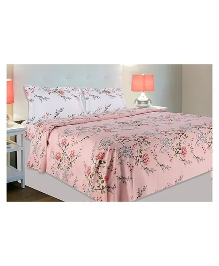 Haus & Kinder Cotton Victorian Summer Dream Printed Bedsheet With Pillow Covers  Pink