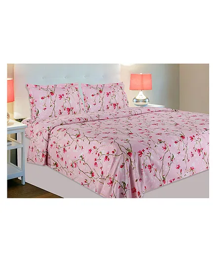 Haus & Kinder Cotton Summer Vintage Romance Printed Bedsheet With Pillow Covers  Baby Pink