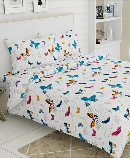 Haus & Kinder Cotton French Riviera Printed Bedsheet With Pillow Covers  Blue