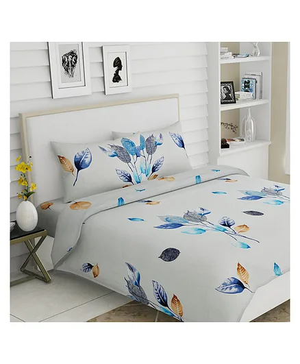 Haus & Kinder Cotton Floral Grace Printed Bedsheet With Pillow Covers   Blue & White