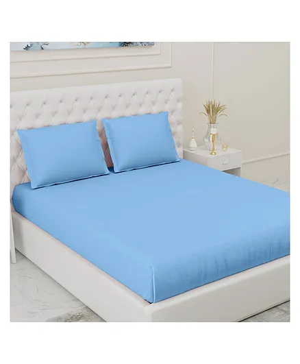 Haus & Kinder Elastic Fitted Single Bed Cotton Premium Flat Bedsheet and Pillow Cover- Blue