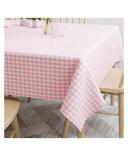 Haus & Kinder 100% Cotton Printed Gingham Cottage Core Table Cloth for 6 Seater Dining Table - Pink