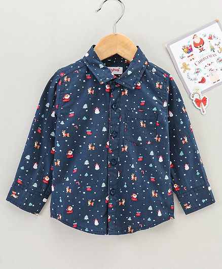 Babyhug Cotton Woven Full Sleeves Christmas Theme Printed Shirt - Navy