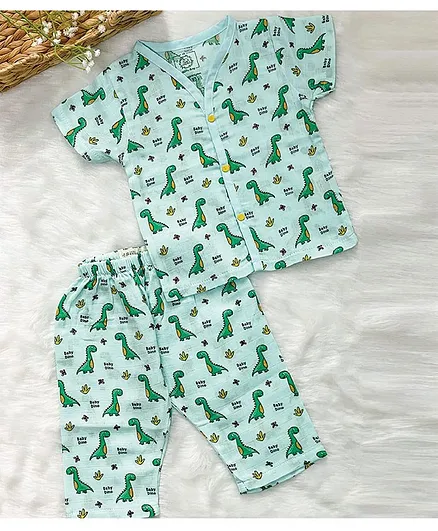 A Toddler Thing Half Sleeves All Over Dinosaur & Baby Dino Text Printed Organic Muslin Shirt With Coordinating Pyjama - Blue