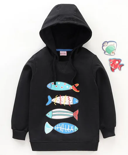Kookie Kid's Terry Full Sleeves Sweatshirt & Jackets with Graphics & Hood Detailing- Black