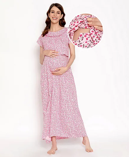 Bella Mama Half Sleeves Cotton Maternity Nighty Cherry Print with Concealed Zipper - Pink