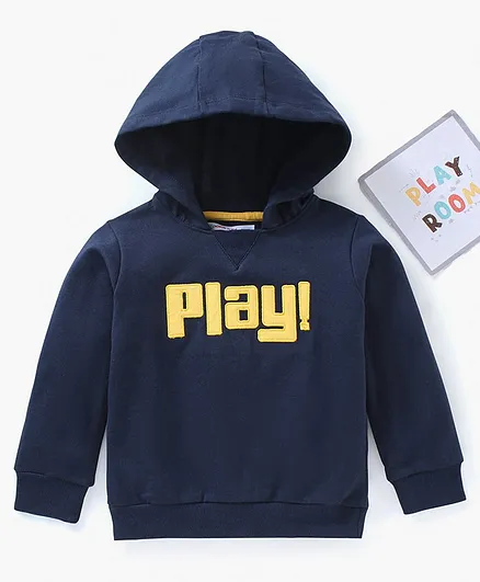 Kookie Kids Full Sleeves Hooded Sweatshirt Text Print - Navy Blue