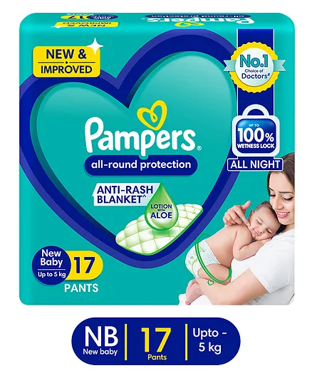 Pampers All round Protection Pants New Born, Extra Small size baby diapers (NB/XS), Lotion with Aloe Vera - 17 Pieces