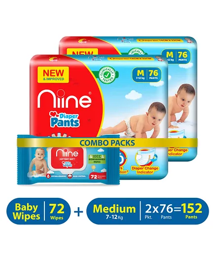 NIINE Combo of Cottony Soft Baby Diaper Pants with Diaper Change Indicator, Medium Size,Counts and Biodegradable Baby Wipes with lid - 132 Pieces