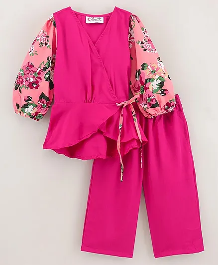 M'andy Full Puffed Sleeves Flower Placement Printed & Flared Overlapped Top With Pant - Magenta Pink