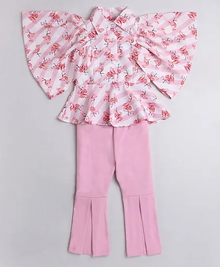 M'andy Three Fourth Flutter Sleeves All Over Flamingo Printed Top With Pants Set - Pink