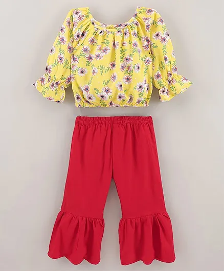 M'andy Full Puffed Sleeves Seamless Flower Printed Top With Flared Pant - Yellow & Red