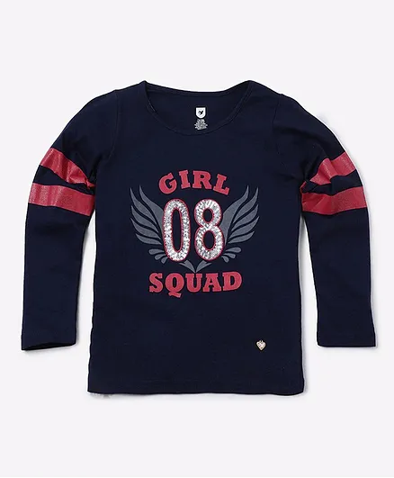 612 League Full Sleeves 08 Sequin Embellished Number With Girl Squad Text & Wings Placement Printed Top - Navy Blue