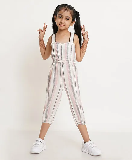 Creative Kids Sleeveless Abstract Striped Smocked Jumpsuit - Pink Grey