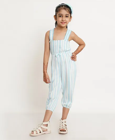 Creative Kids Sleeveless Striped Chevron Printed Smocked Jumpsuit - Sky Blue