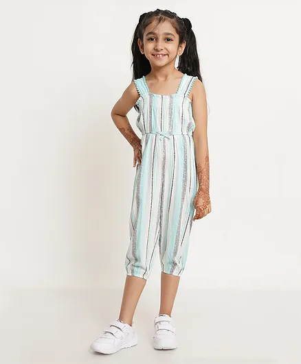Creative Kids Sleeveless Abstract Striped Smocked Jumpsuit - Sky Blue Grey